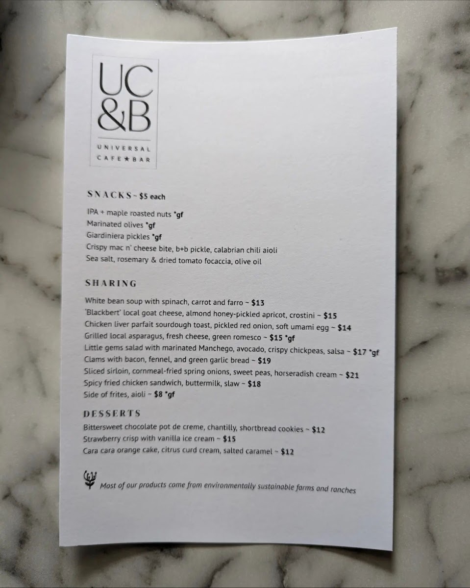 Universal Cafe & Bar menu board
