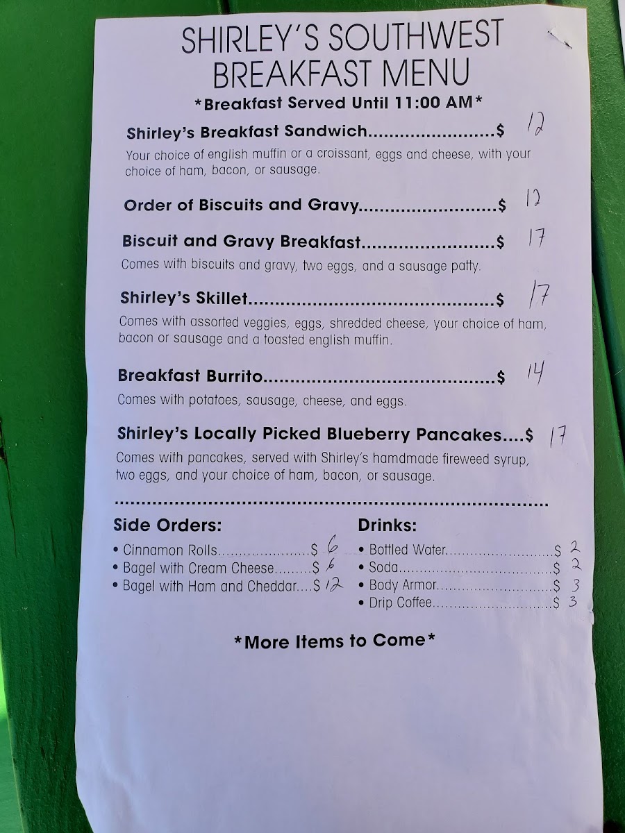 Shirley's Southalley Foodtrailer menu board
