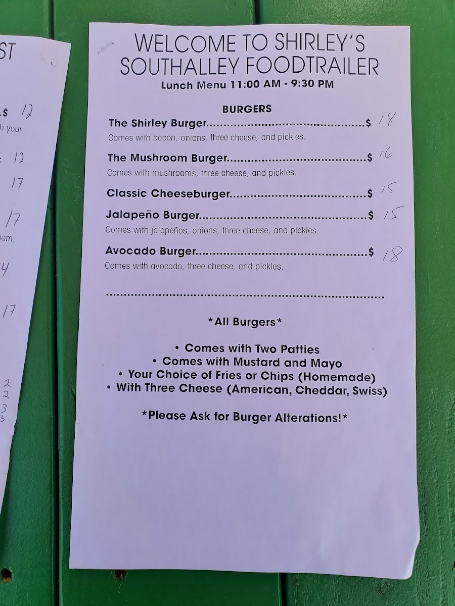Shirley's Southalley Foodtrailer menu board