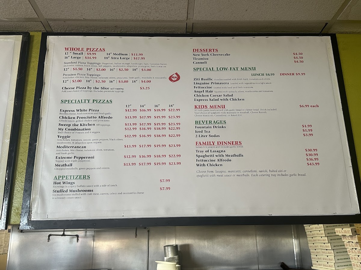 Italia Express Pizza & Pasta menu board