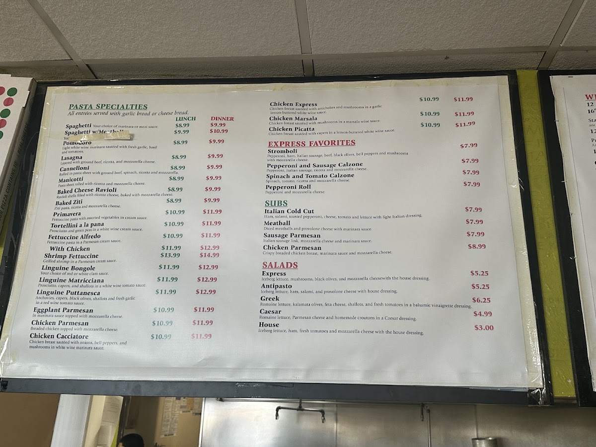 Italia Express Pizza & Pasta menu board