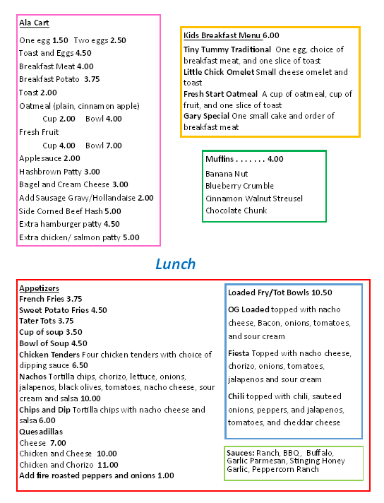 Hummingbird Cafe menu board