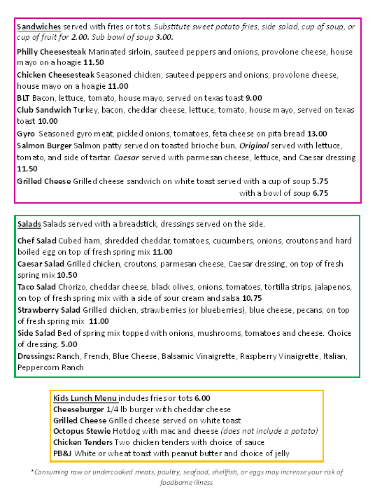 Hummingbird Cafe menu board