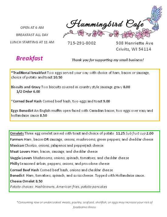 Hummingbird Cafe menu board