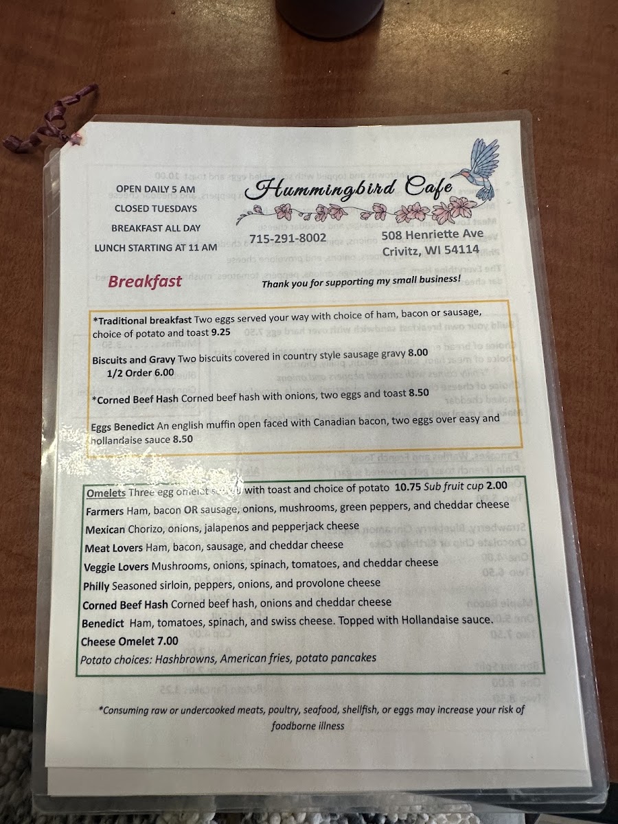 Hummingbird Cafe menu board