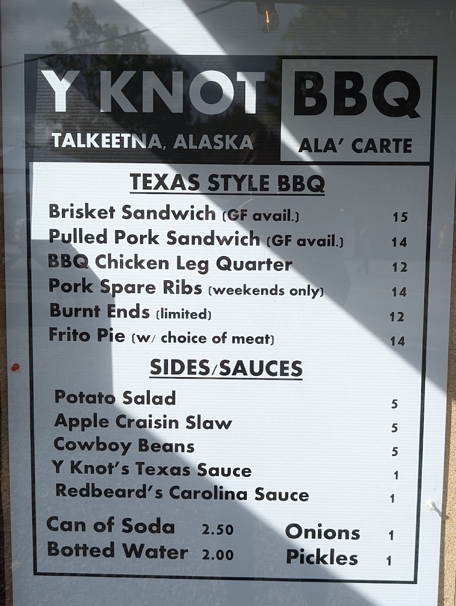 Y Knot BBQ Ala' Carte menu board