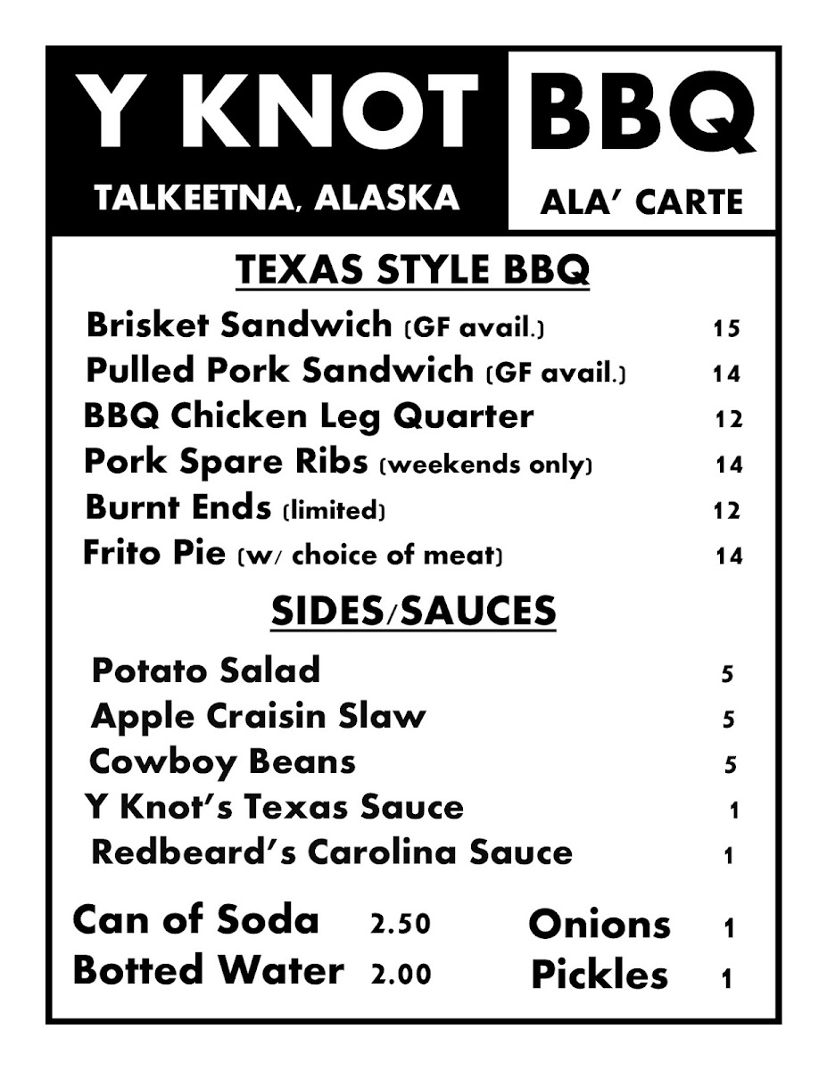 Y Knot BBQ Ala' Carte menu board