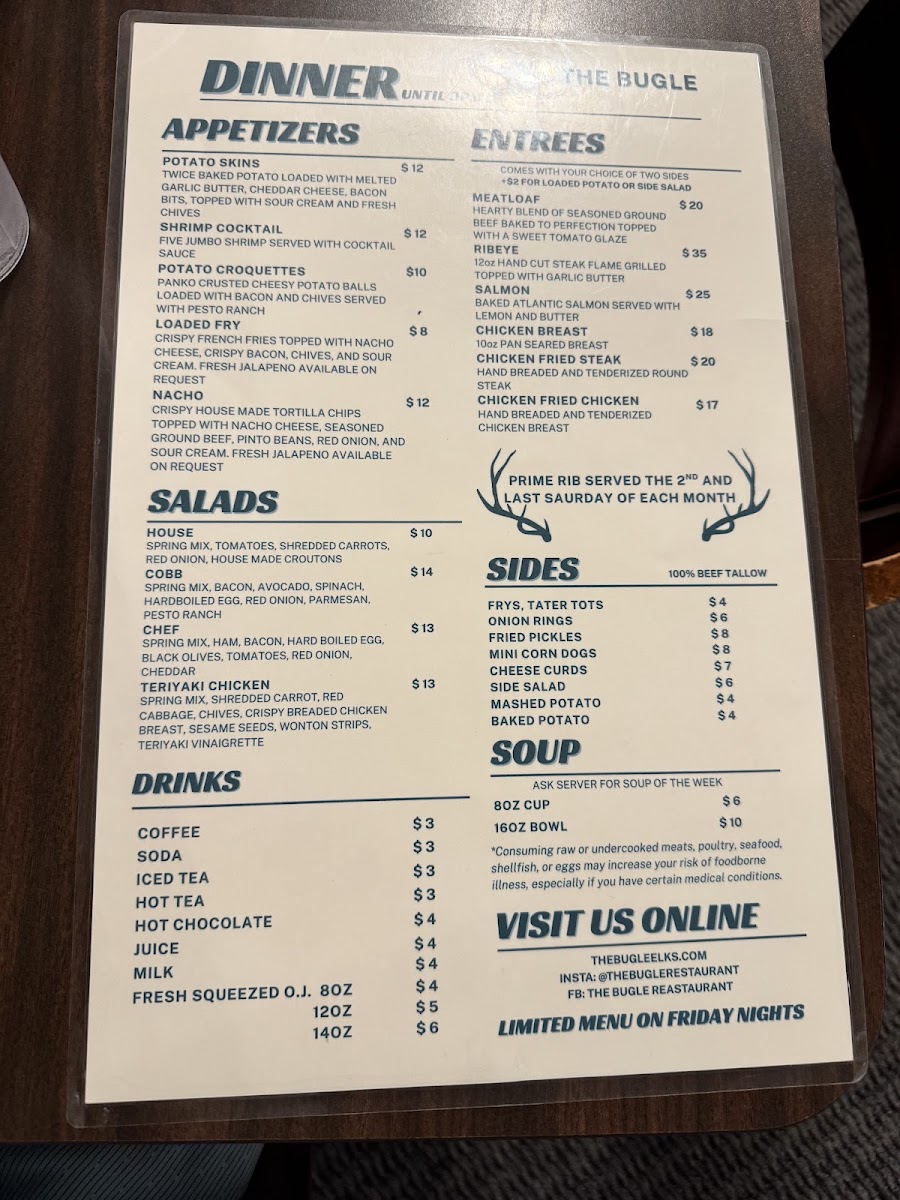 The Bugle Restaurant menu board