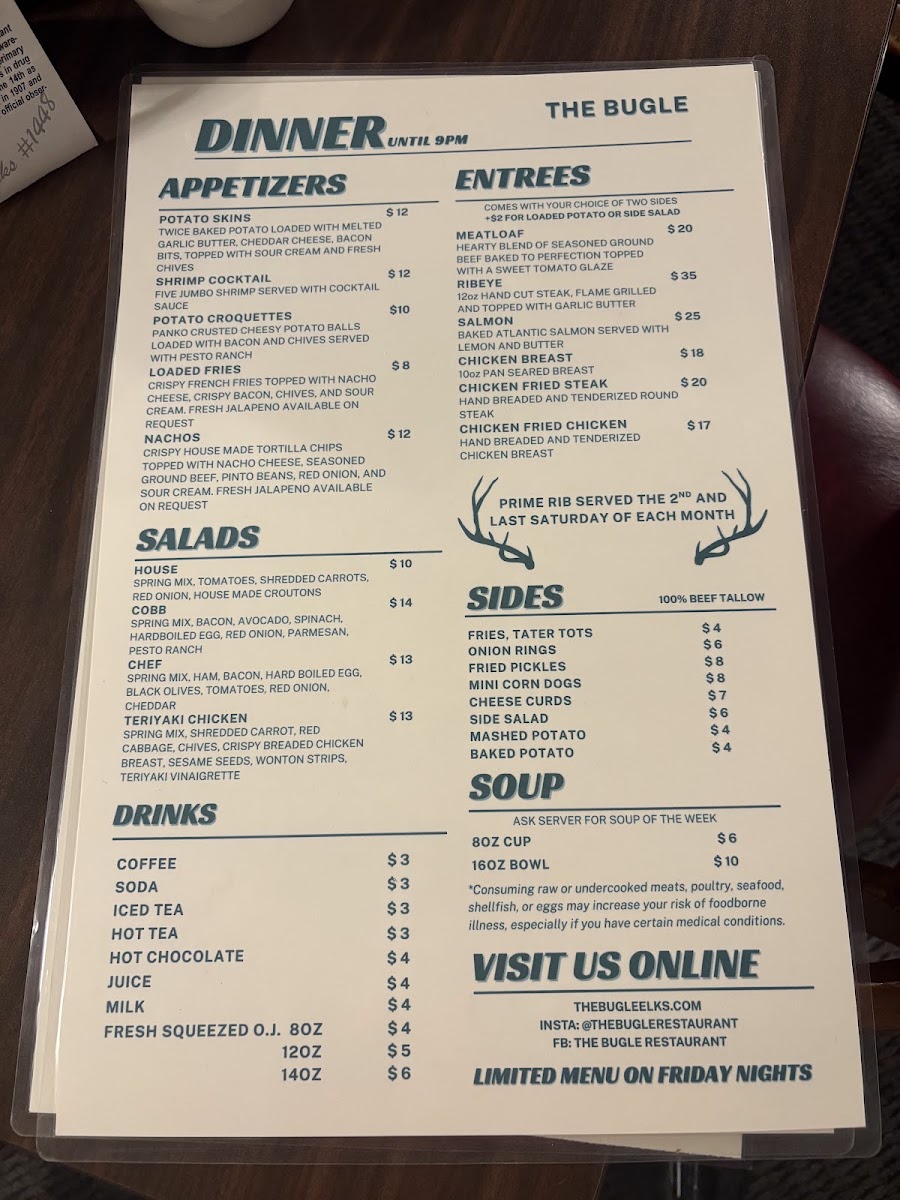 The Bugle Restaurant menu board