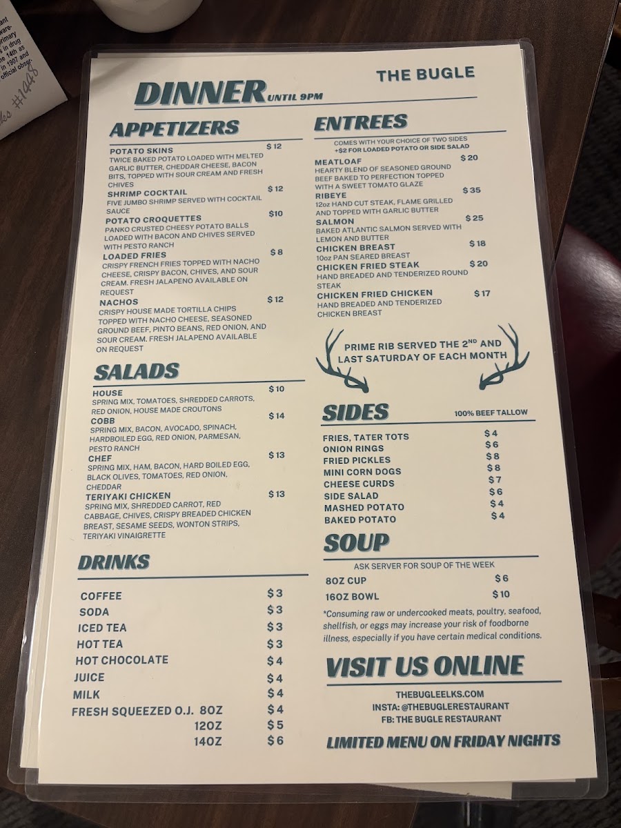 The Bugle Restaurant menu board
