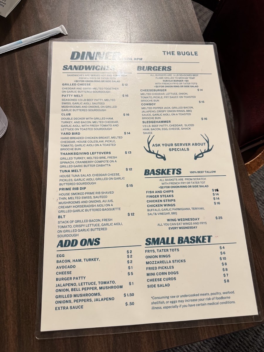 The Bugle Restaurant menu board