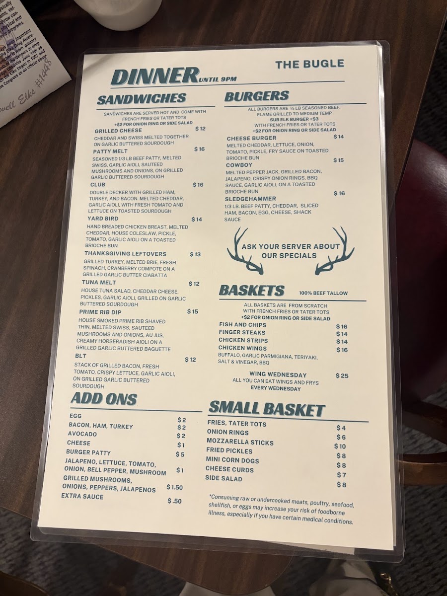 The Bugle Restaurant menu board