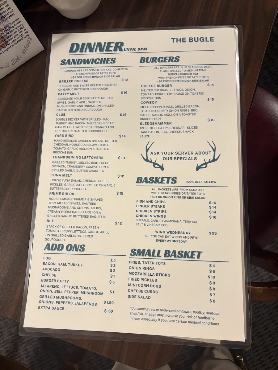 The Bugle Restaurant menu board