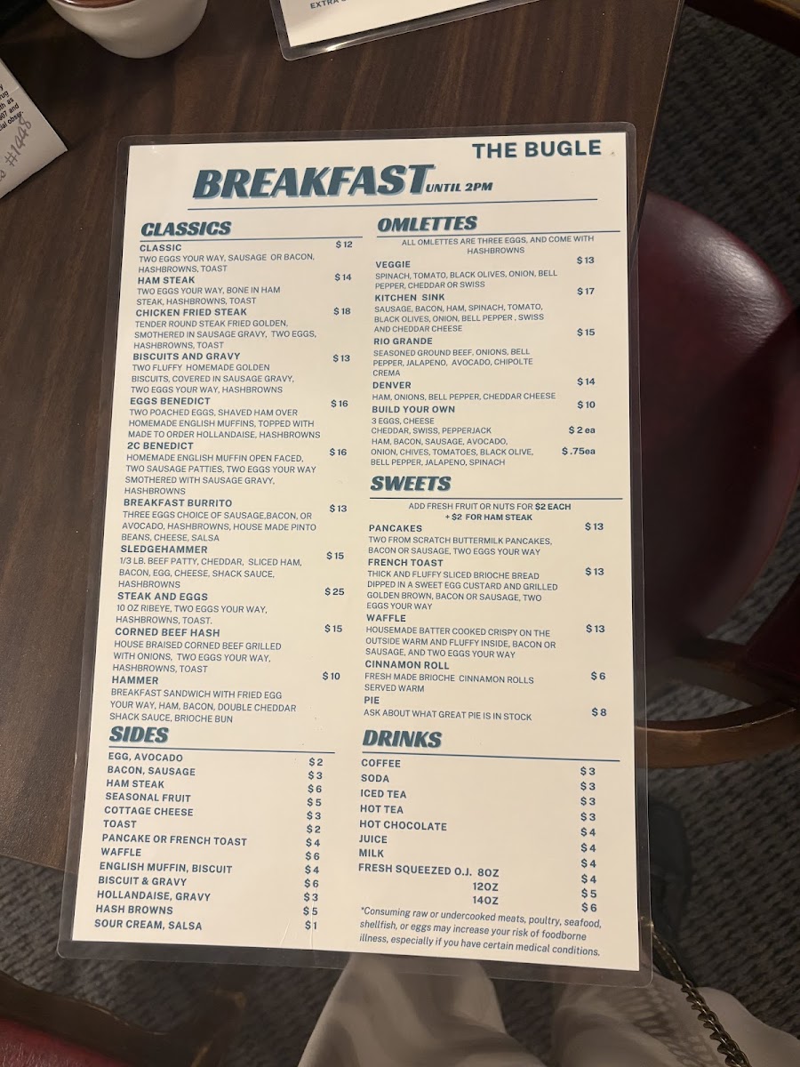 The Bugle Restaurant menu board