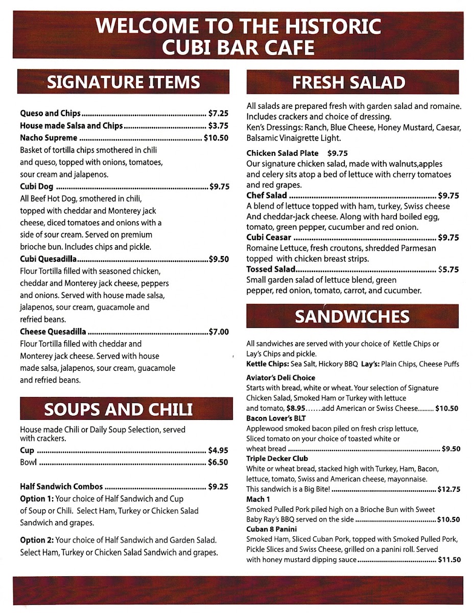 Cubi Bar Café menu board
