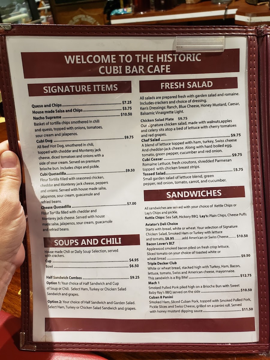 Cubi Bar Café menu board