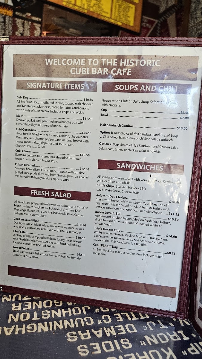 Cubi Bar Café menu board