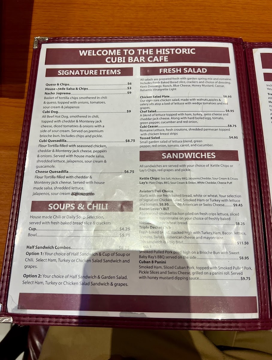 Cubi Bar Café menu board