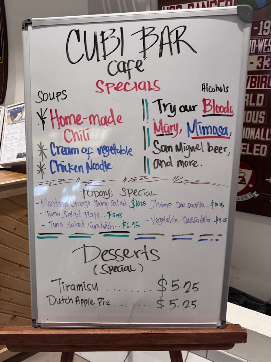 Cubi Bar Café menu board