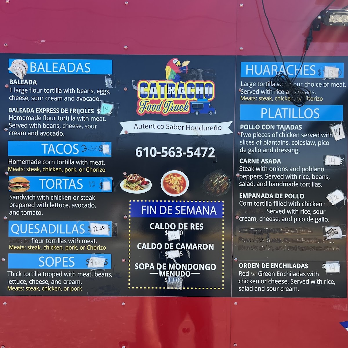 CATRACHO FOOD TRUCK menu board