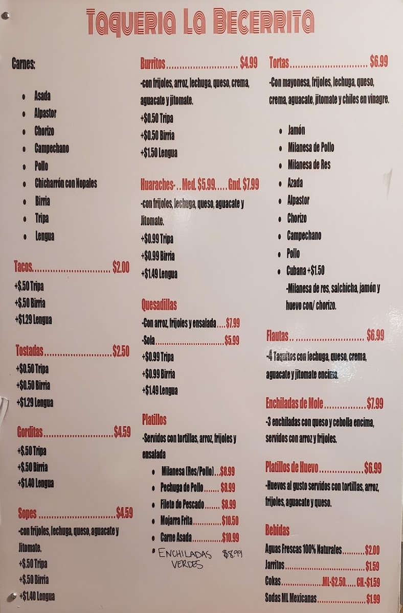 Taqueria La Becerrita menu board