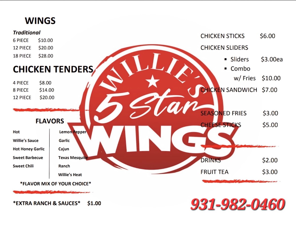 WILLIE'S 5STAR WING'S menu board