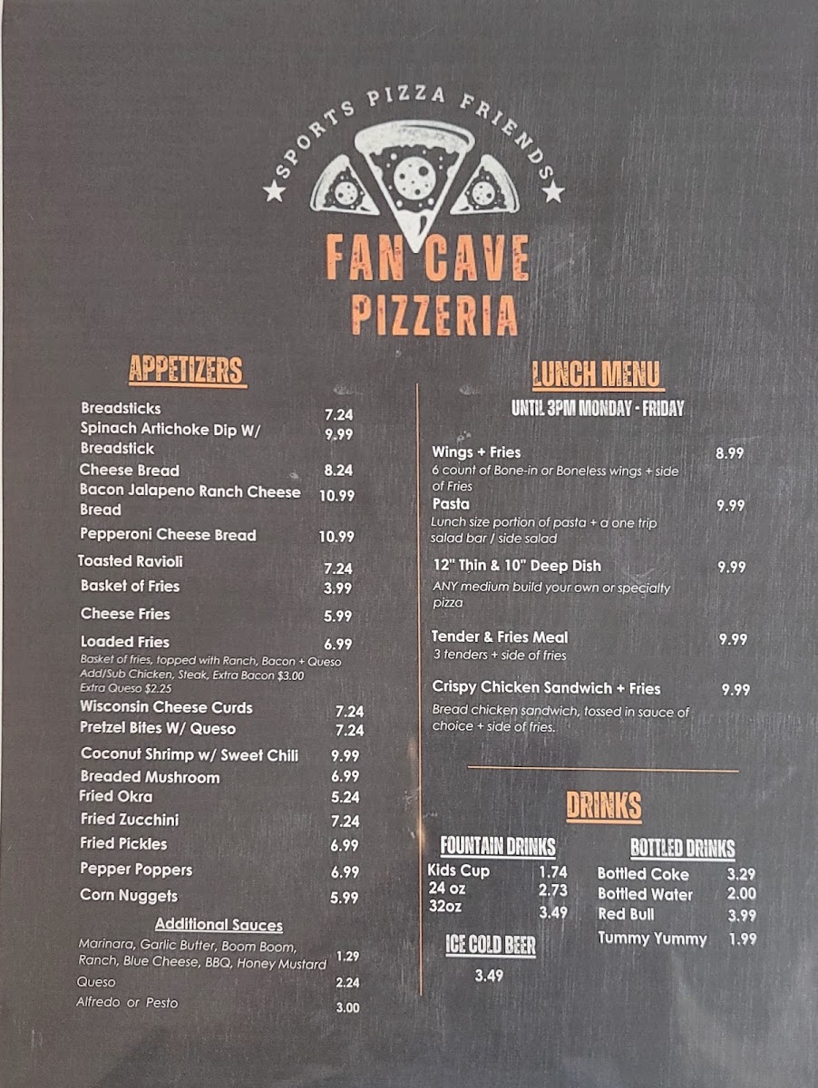 Fan Cave Pizzeria Parsons menu board