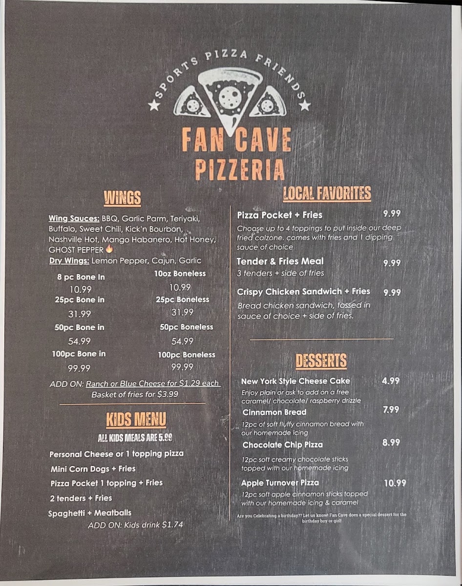 Fan Cave Pizzeria Parsons menu board
