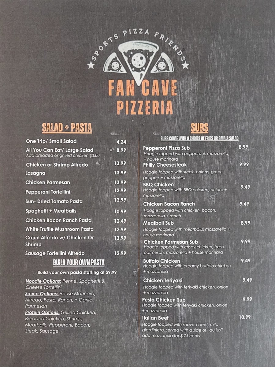 Fan Cave Pizzeria Parsons menu board