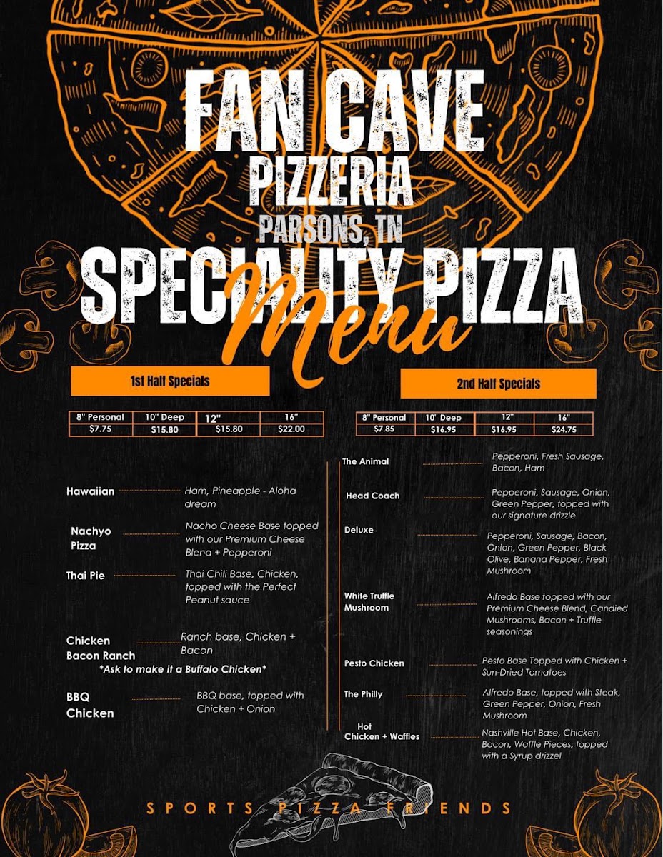 Fan Cave Pizzeria Parsons menu board
