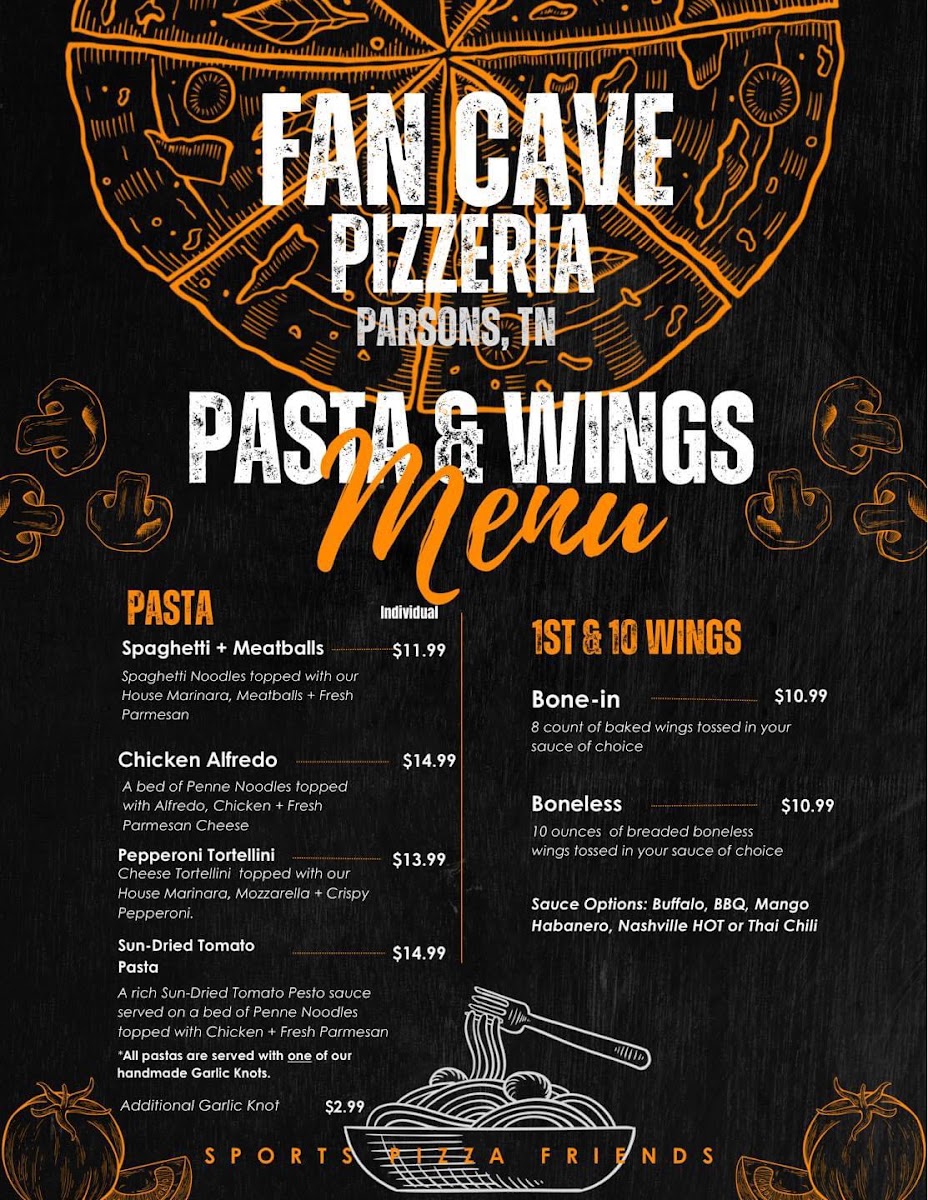 Fan Cave Pizzeria Parsons menu board