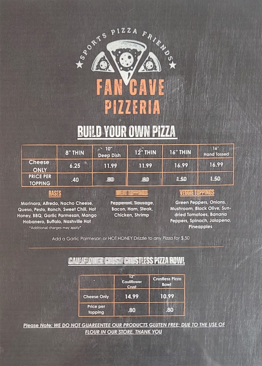 Fan Cave Pizzeria Parsons menu board