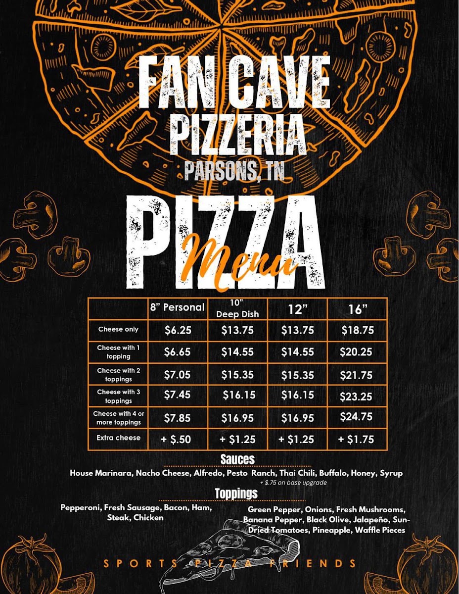 Fan Cave Pizzeria Parsons menu board