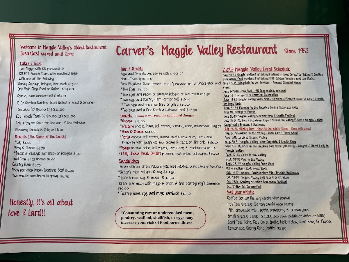 Carver's Maggie Valley Restaurant | Since 1952 menu board