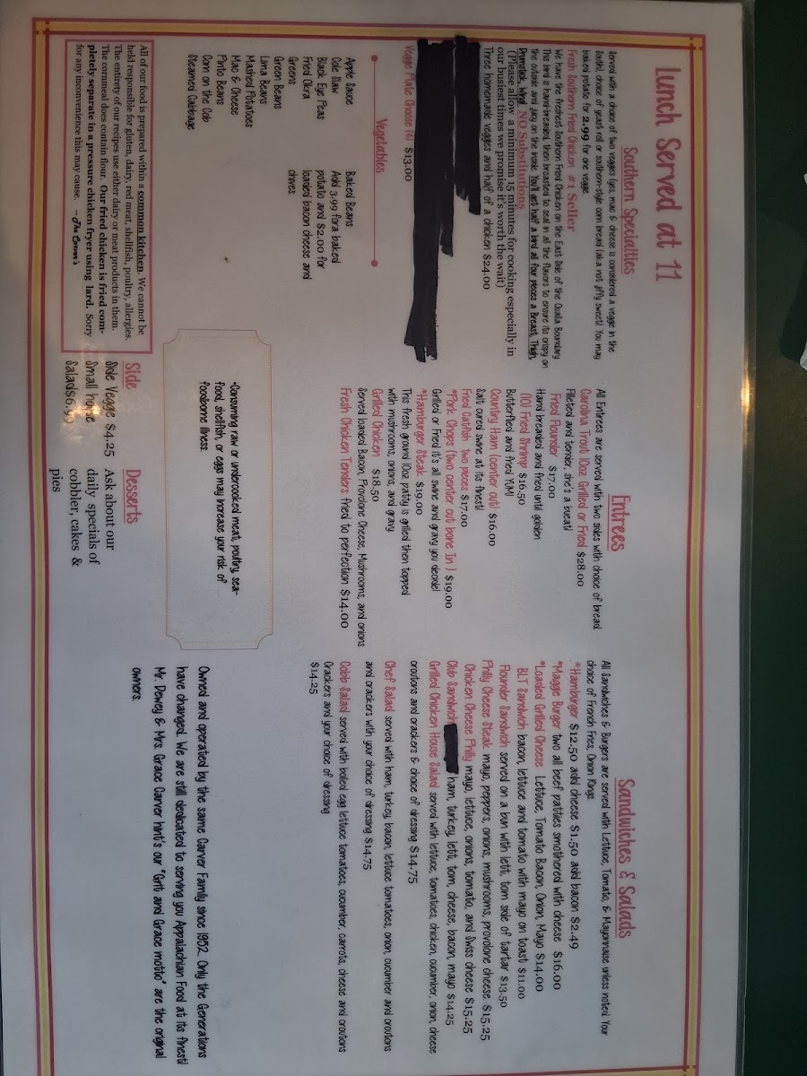 Carver's Maggie Valley Restaurant | Since 1952 menu board