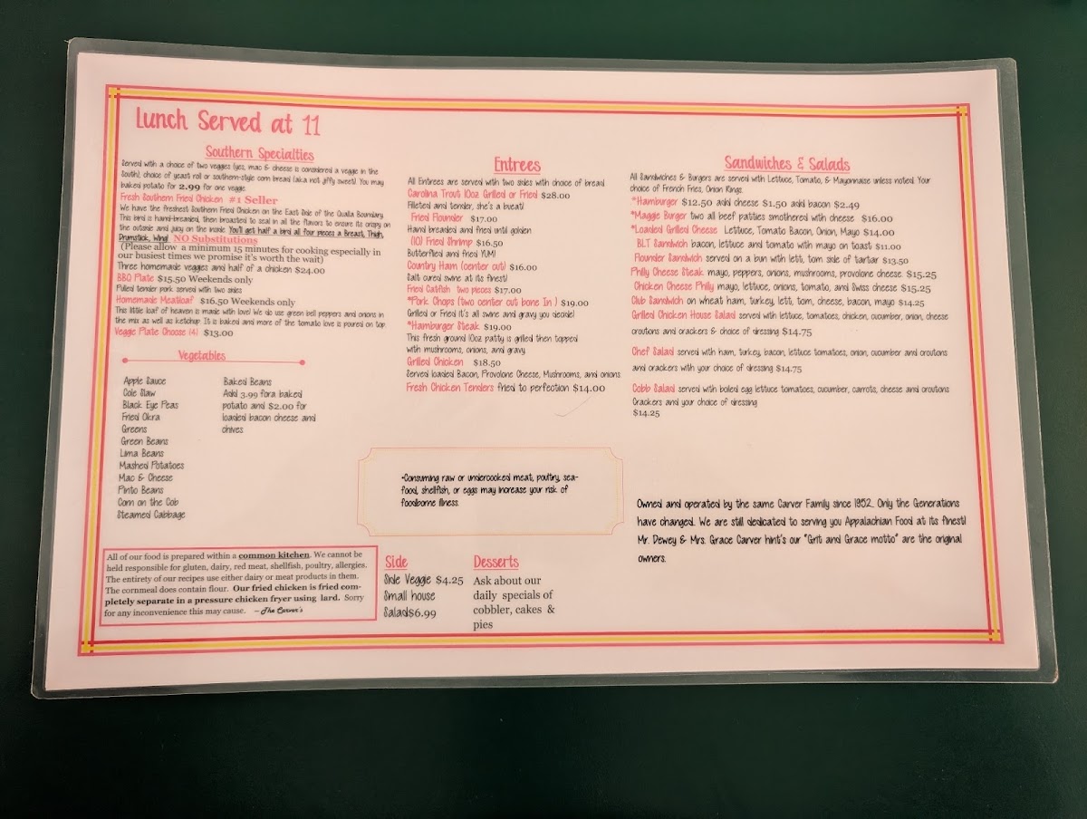 Carver's Maggie Valley Restaurant | Since 1952 menu board