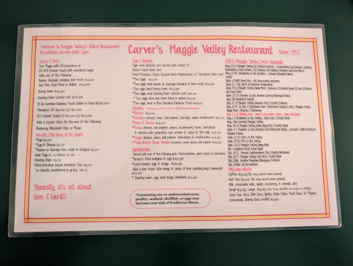 Carver's Maggie Valley Restaurant | Since 1952 menu board
