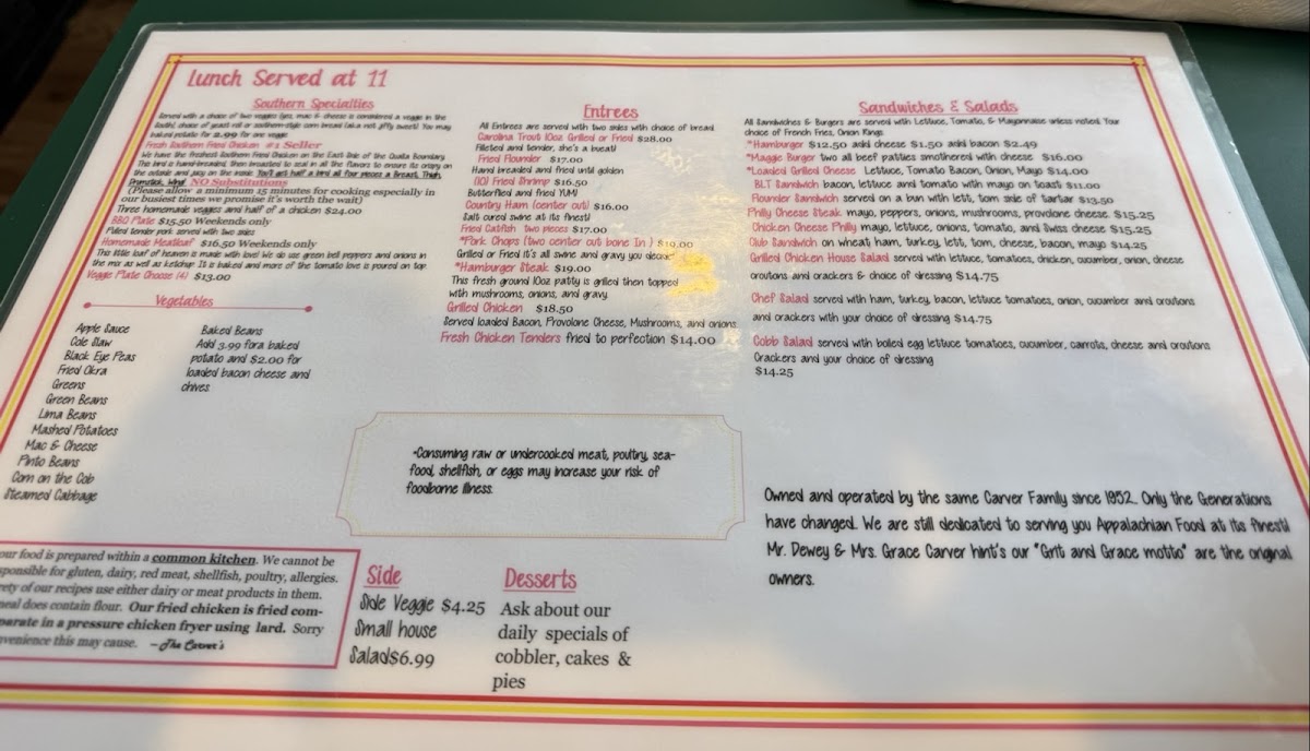 Carver's Maggie Valley Restaurant | Since 1952 menu board