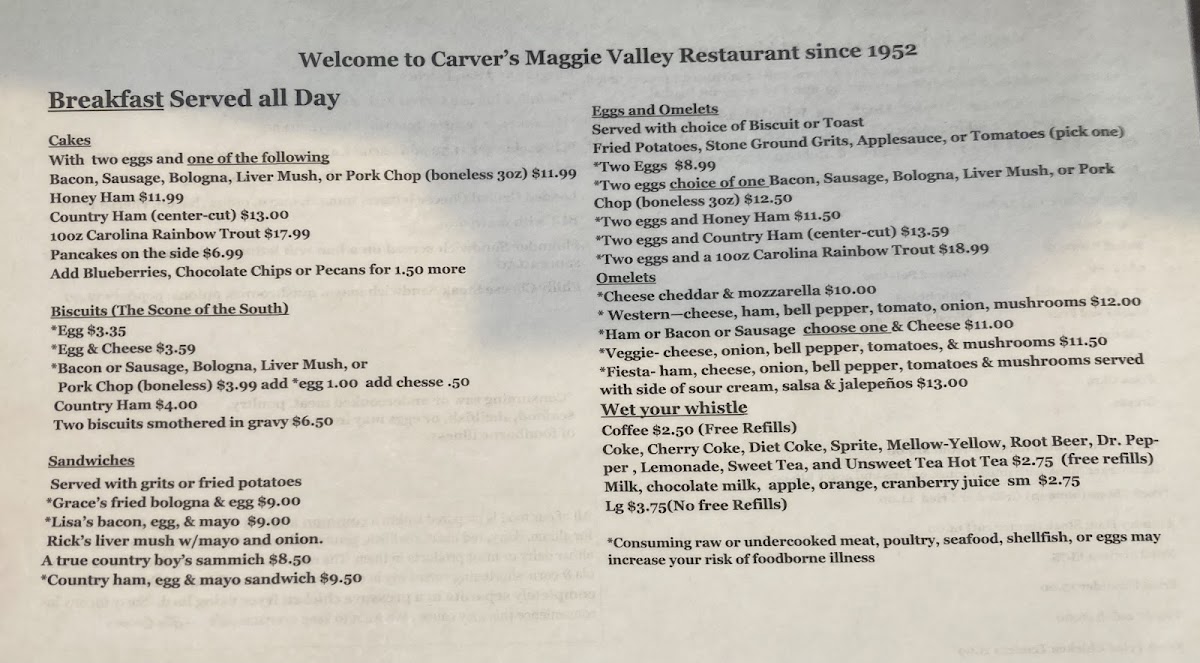 Carver's Maggie Valley Restaurant | Since 1952 menu board