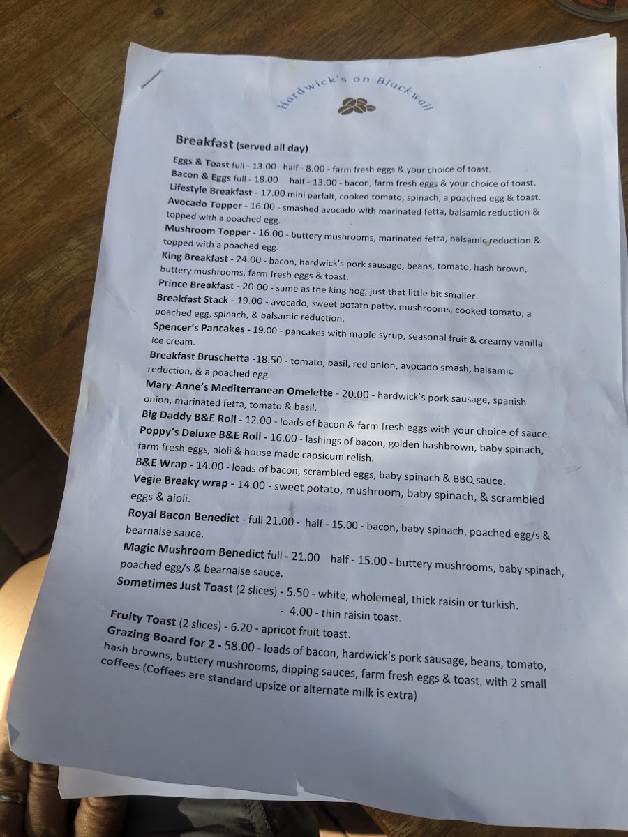 Hardwick's on Blackwall menu board