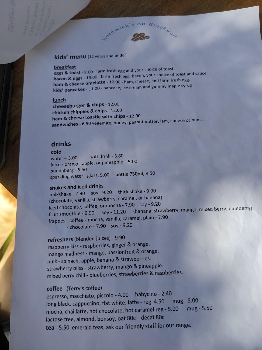 Hardwick's on Blackwall menu board