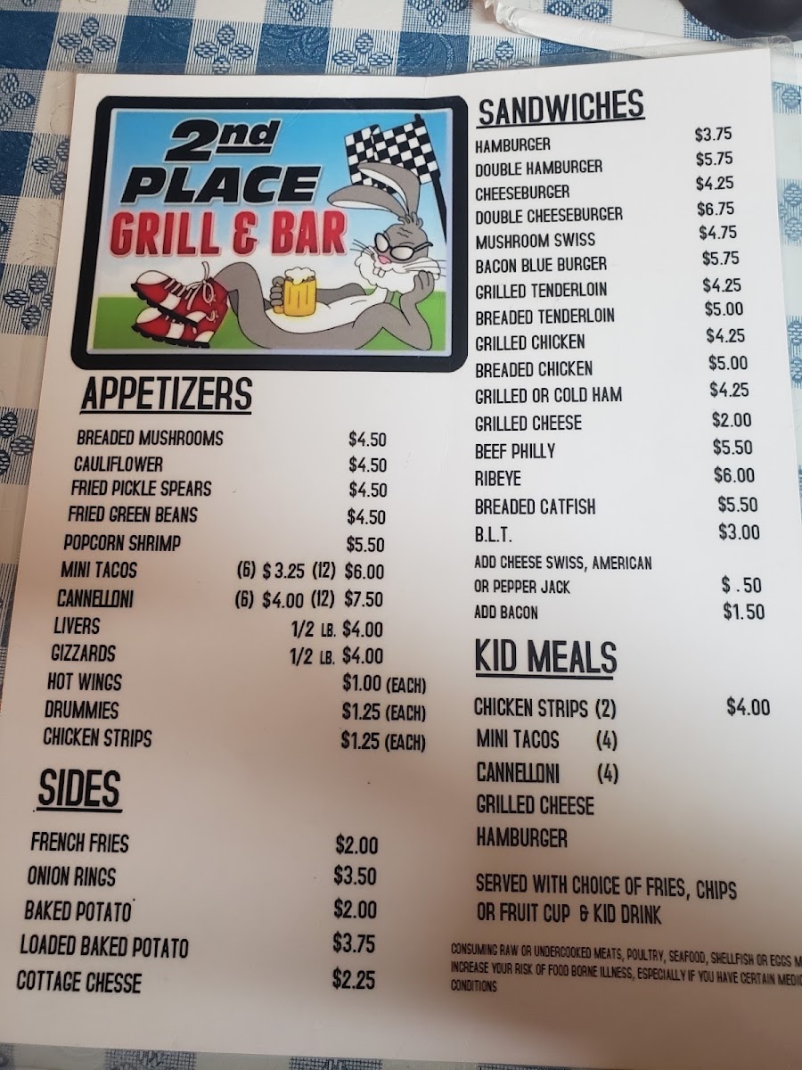 Second Place Grill menu board