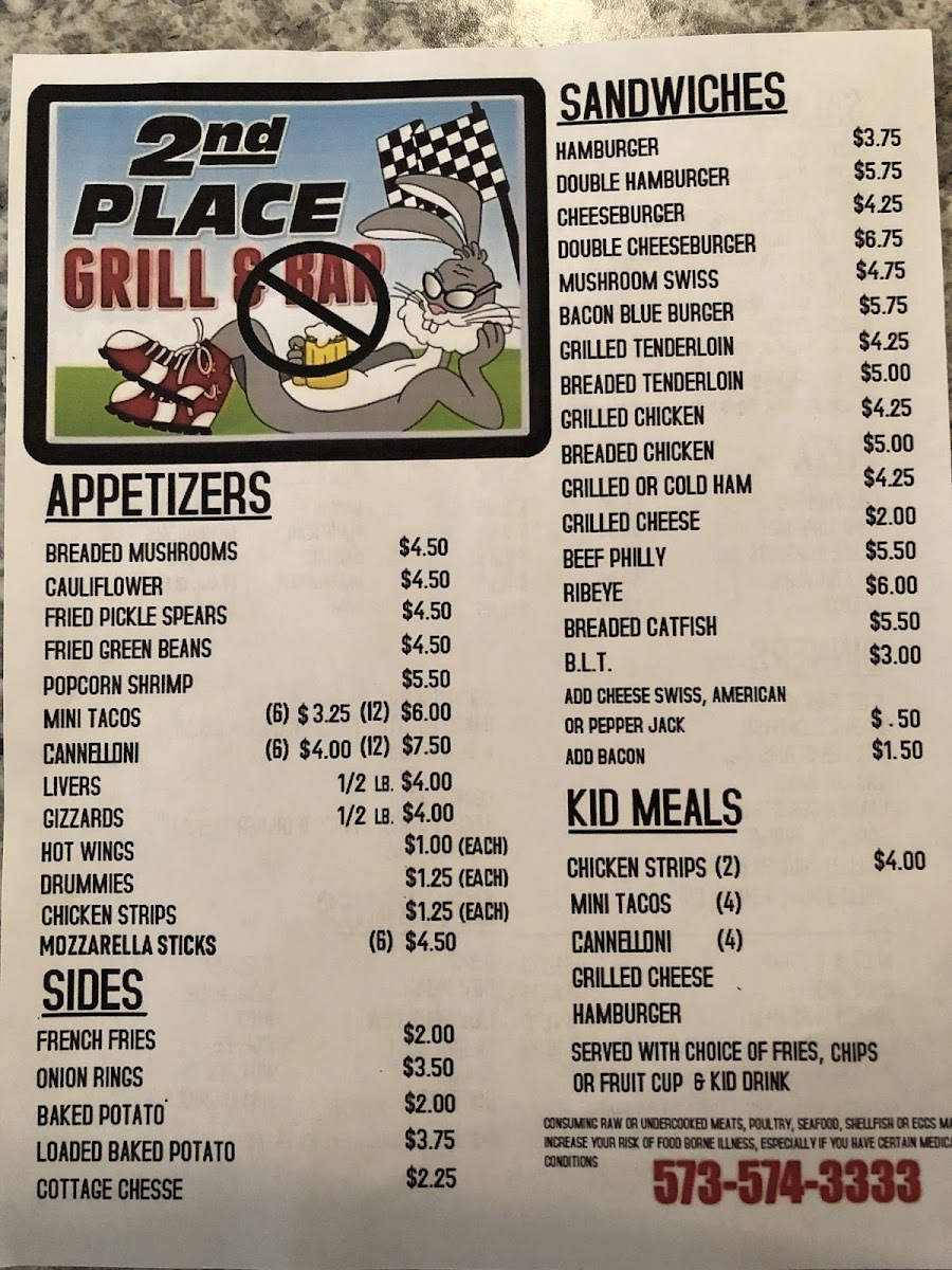 Second Place Grill menu board