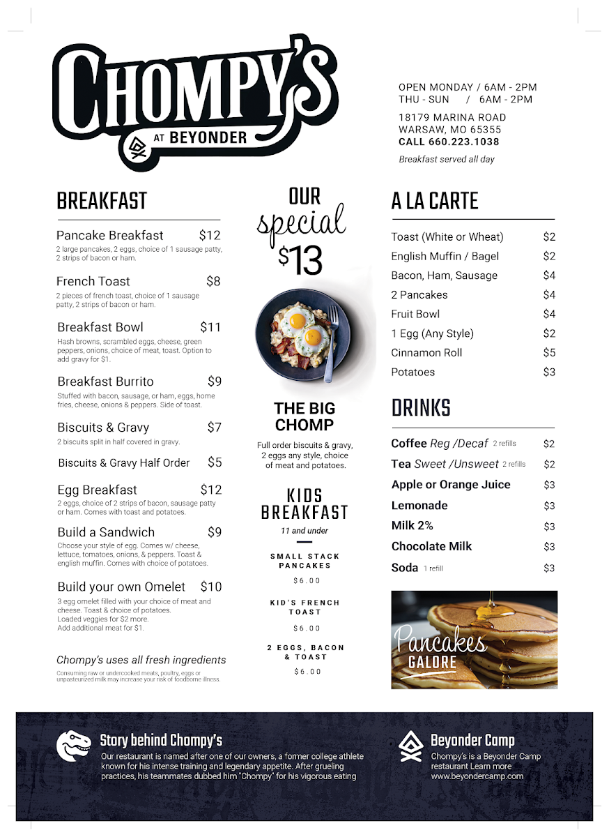 Chompy's Restaurant menu board