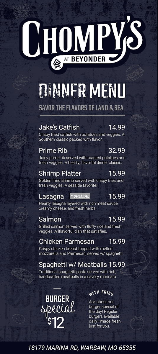Chompy's Restaurant menu board