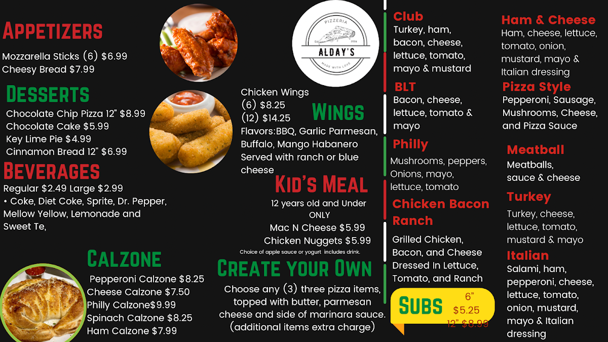Alday’s Pizzeria menu board