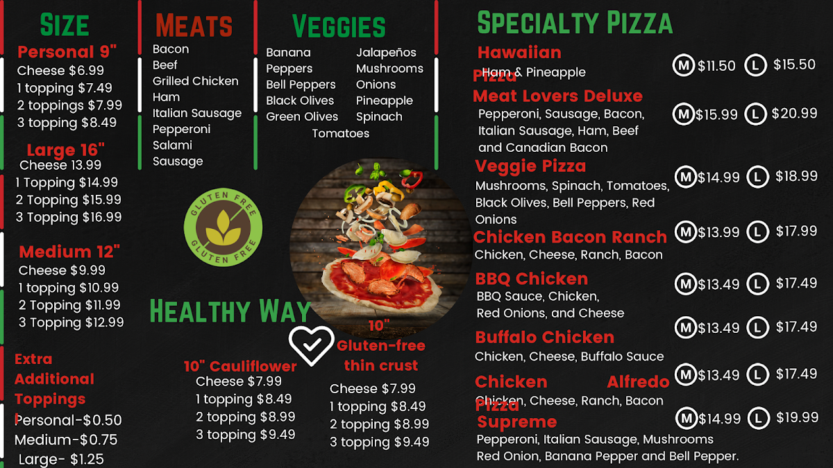 Alday’s Pizzeria menu board