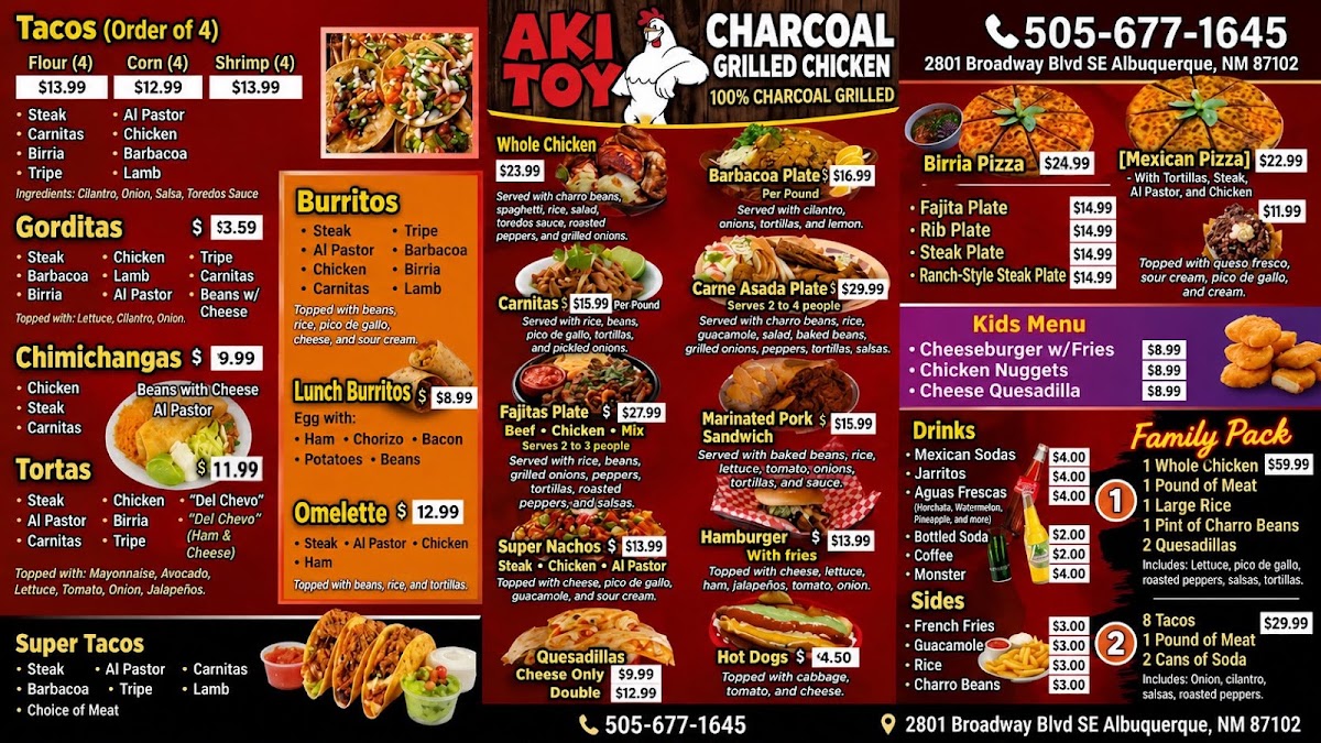 Castañeda's Kitchen / Pollo Aki Toy menu board