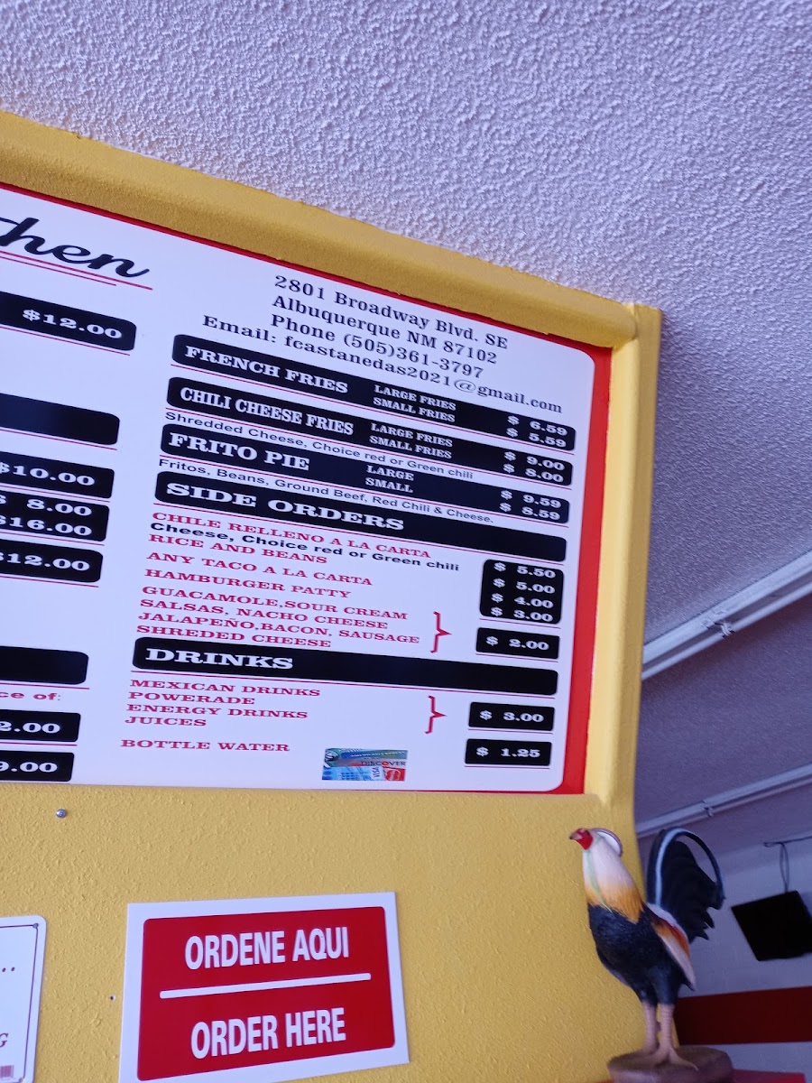 Castañeda's Kitchen / Pollo Aki Toy menu board