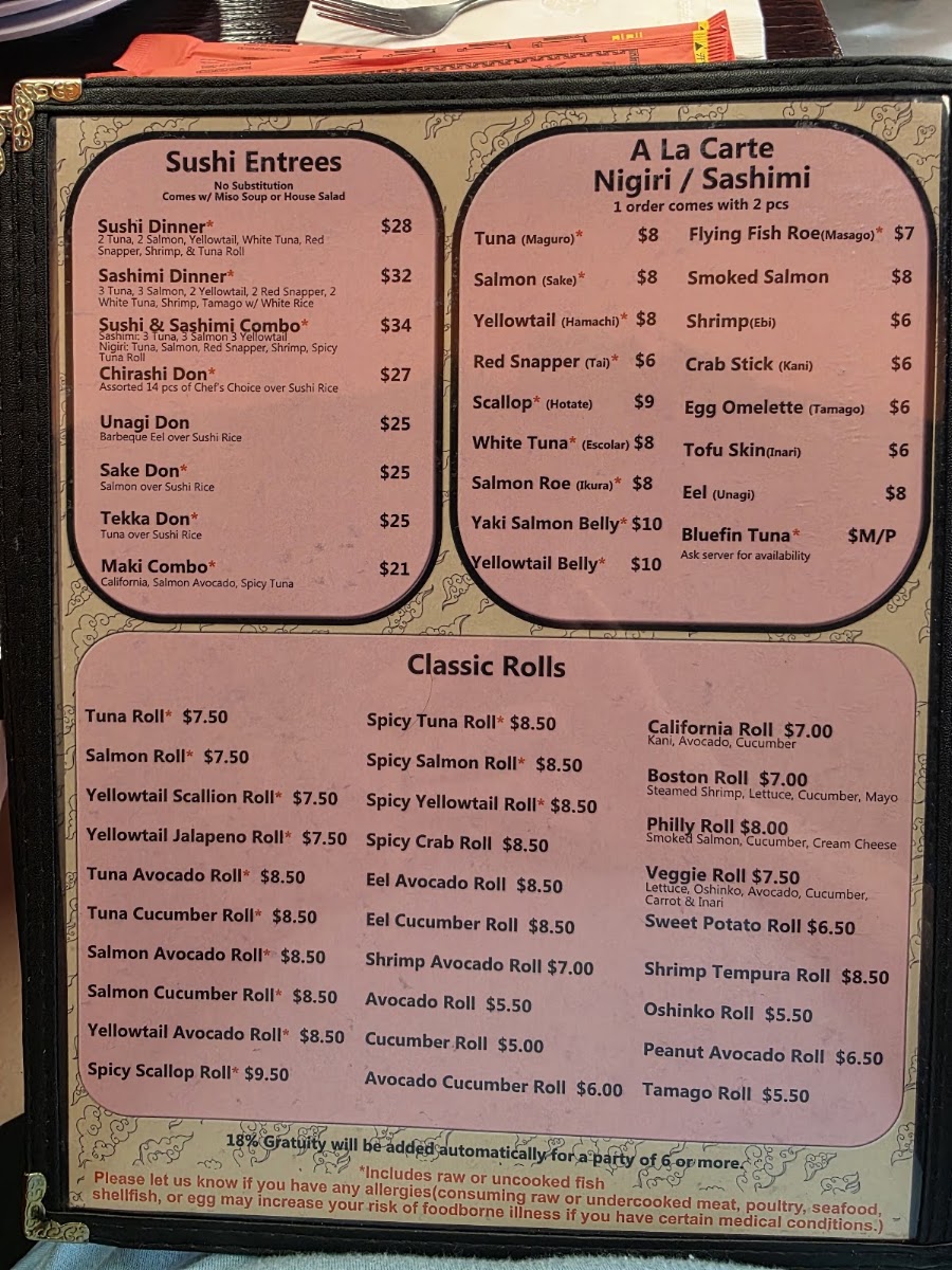 Reeko’s Sushi Bar & Thai Cuisine menu board